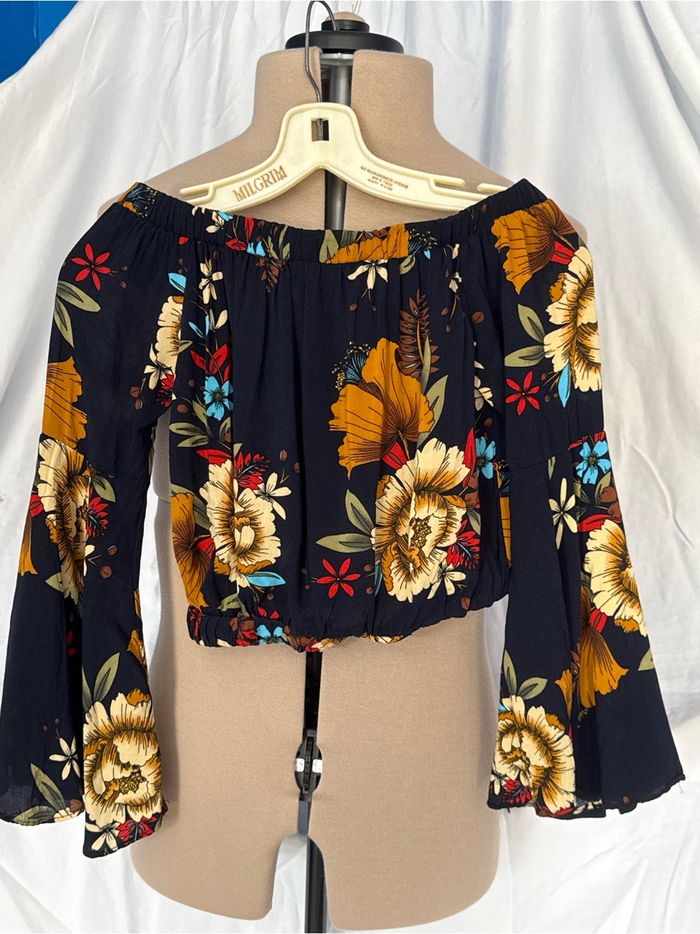 Milgrim Off-Shoulder Floral Cropped Blouse in Black and Mustard